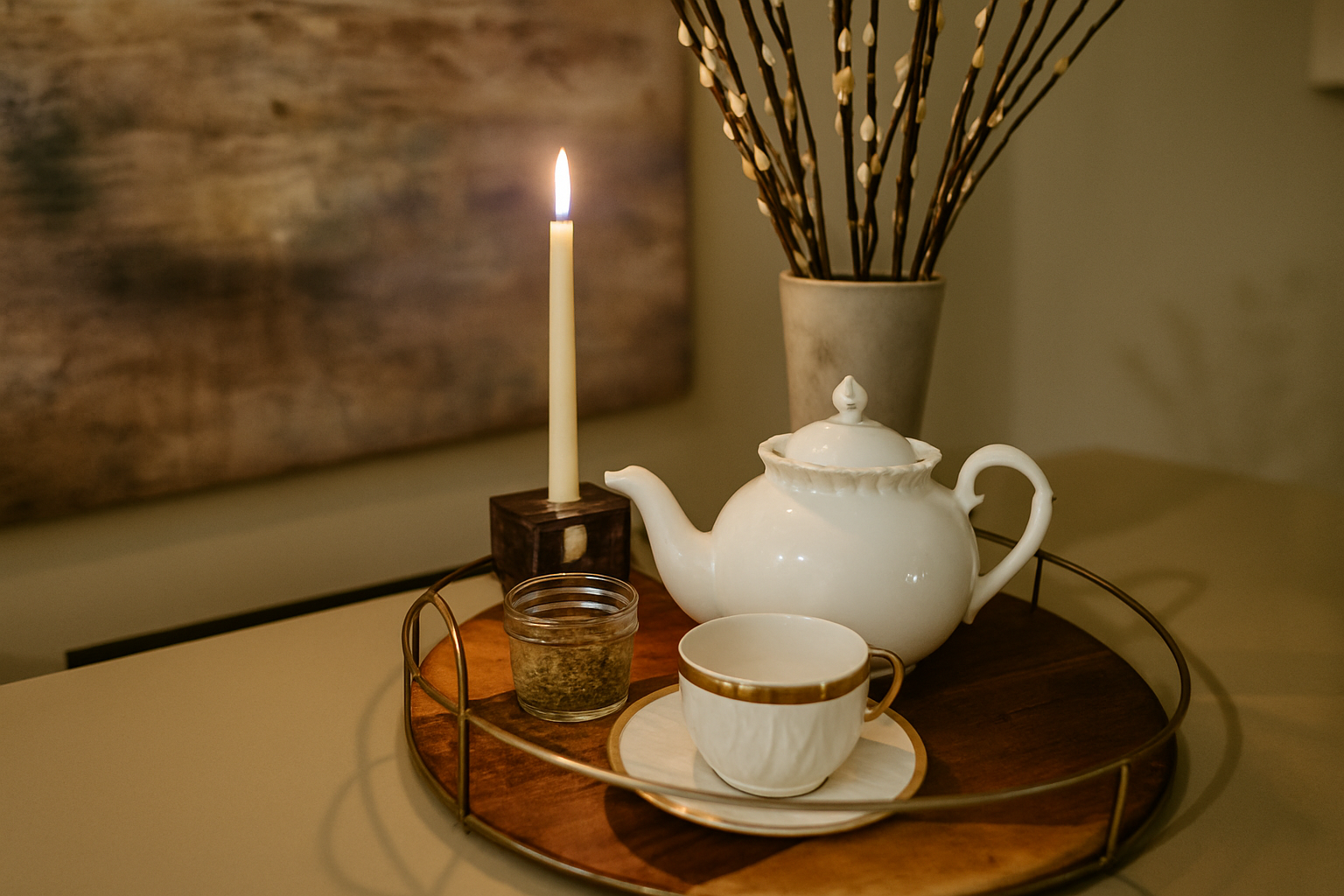 Candles, teaware, soft glow